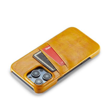 For iPhone 16 Pro Fierre Shann Retro Oil Wax Texture Card Slots PU Leather Phone Case(Yellow) by FIERRE SHANN