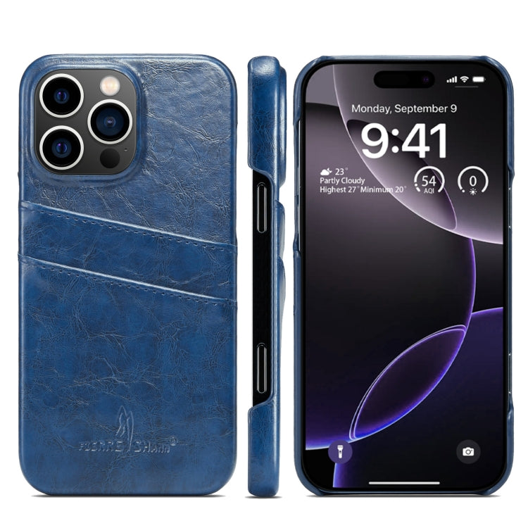 For iPhone 16 Pro Fierre Shann Retro Oil Wax Texture Card Slots PU Leather Phone Case(Blue) by FIERRE SHANN