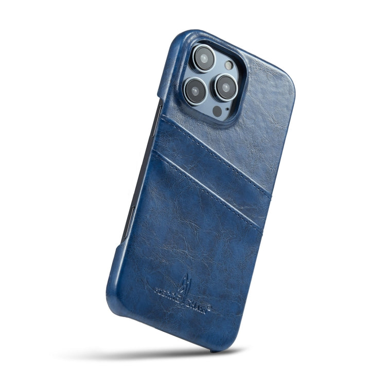 For iPhone 16 Pro Fierre Shann Retro Oil Wax Texture Card Slots PU Leather Phone Case(Blue) by FIERRE SHANN