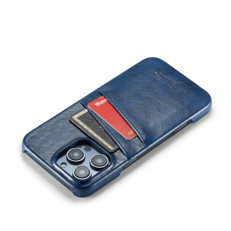 For iPhone 16 Pro Fierre Shann Retro Oil Wax Texture Card Slots PU Leather Phone Case(Blue) by FIERRE SHANN