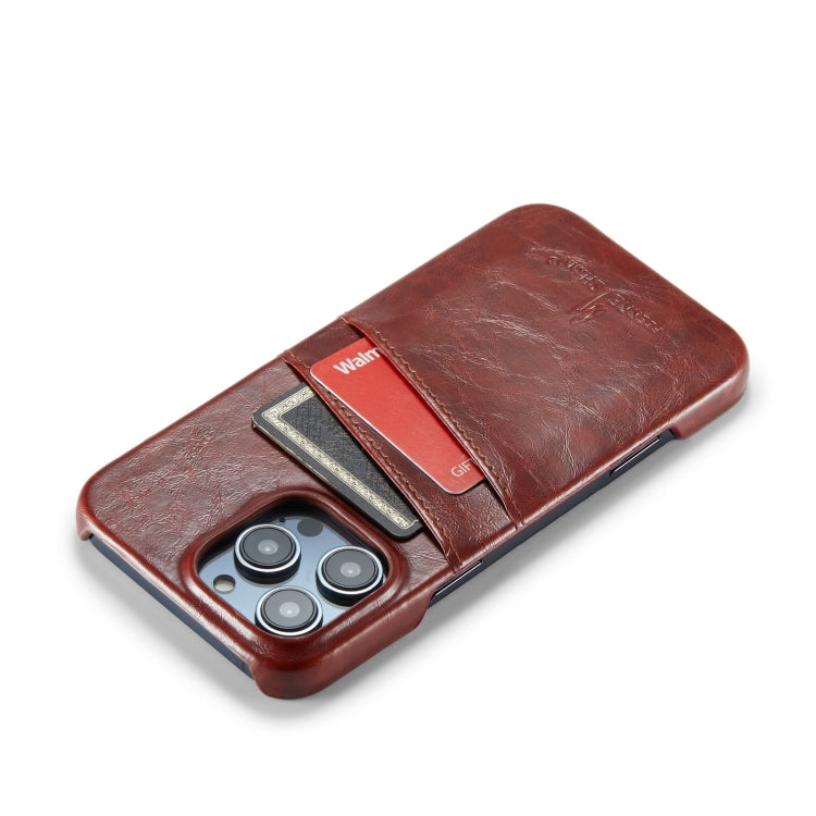 For iPhone 16 Pro Fierre Shann Retro Oil Wax Texture Card Slots PU Leather Phone Case(Brown) by FIERRE SHANN