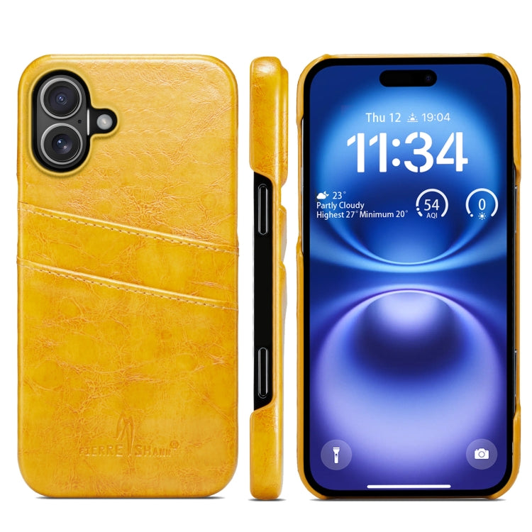 For iPhone 16 Plus Fierre Shann Retro Oil Wax Texture Card Slots PU Leather Phone Case(Yellow) by FIERRE SHANN