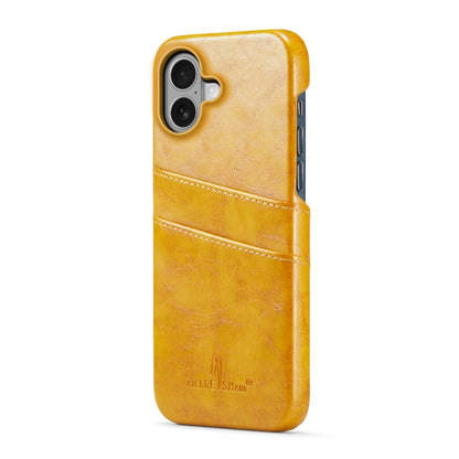 For iPhone 16 Plus Fierre Shann Retro Oil Wax Texture Card Slots PU Leather Phone Case(Yellow) by FIERRE SHANN
