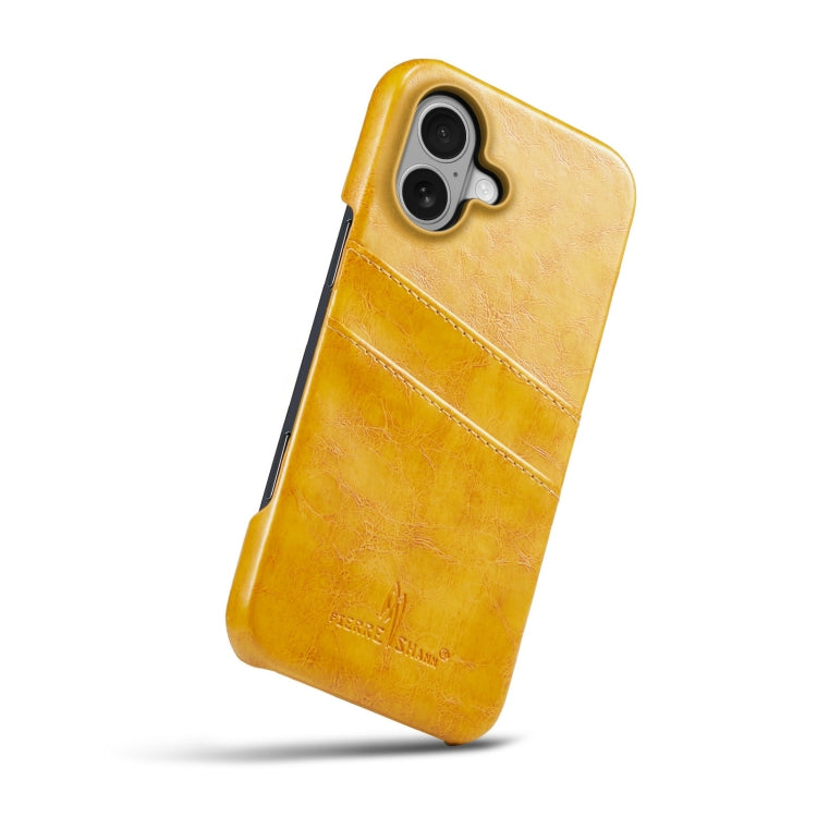 For iPhone 16 Plus Fierre Shann Retro Oil Wax Texture Card Slots PU Leather Phone Case(Yellow) by FIERRE SHANN