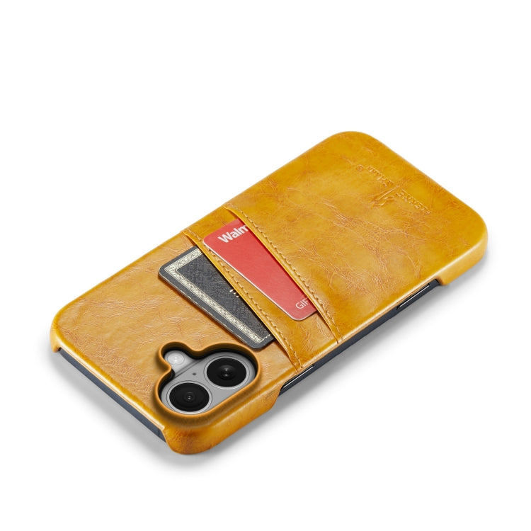 For iPhone 16 Plus Fierre Shann Retro Oil Wax Texture Card Slots PU Leather Phone Case(Yellow) by FIERRE SHANN