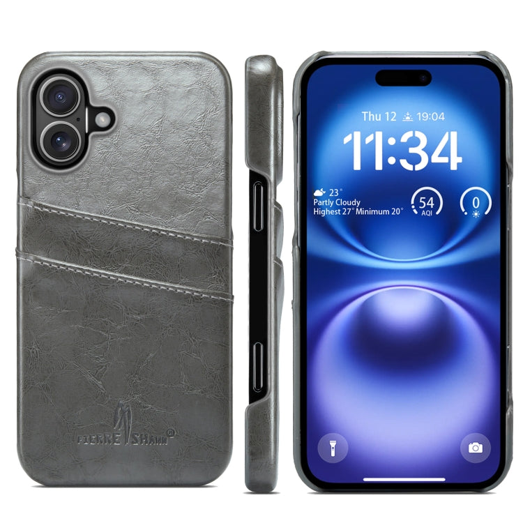 For iPhone 16 Plus Fierre Shann Retro Oil Wax Texture Card Slots PU Leather Phone Case(Grey) by FIERRE SHANN