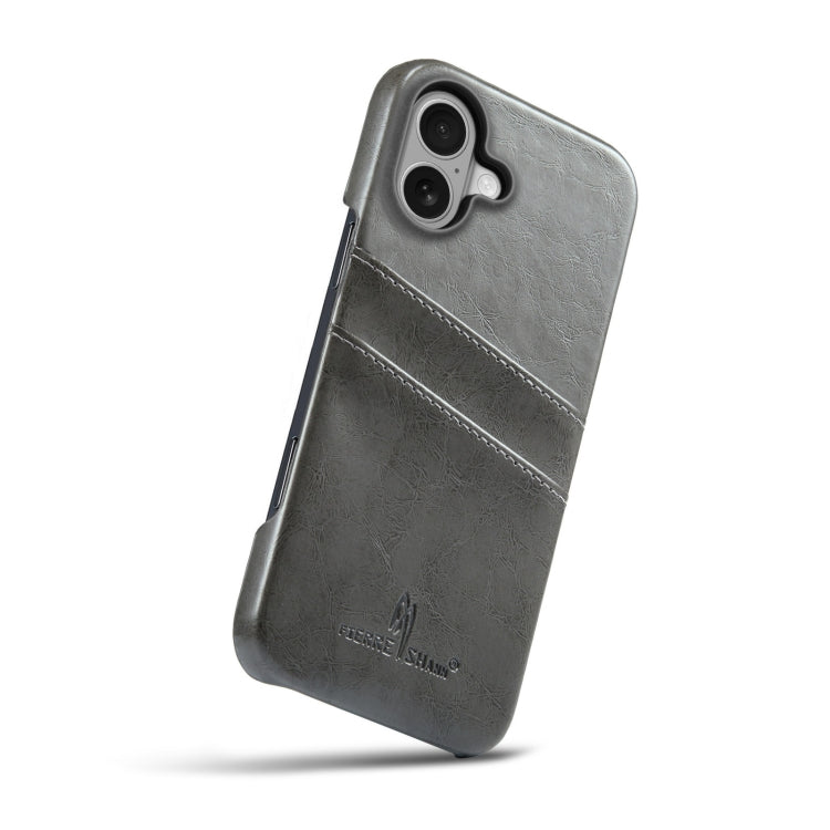 For iPhone 16 Plus Fierre Shann Retro Oil Wax Texture Card Slots PU Leather Phone Case(Grey) by FIERRE SHANN