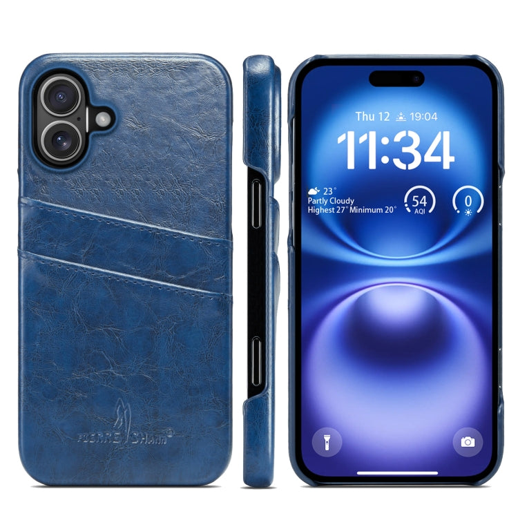For iPhone 16 Plus Fierre Shann Retro Oil Wax Texture Card Slots PU Leather Phone Case(Blue) by FIERRE SHANN