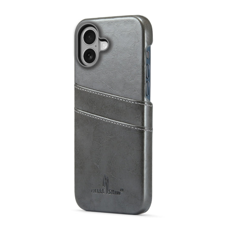 For iPhone 16 Fierre Shann Retro Oil Wax Texture Card Slots PU Leather Phone Case(Grey) by FIERRE SHANN