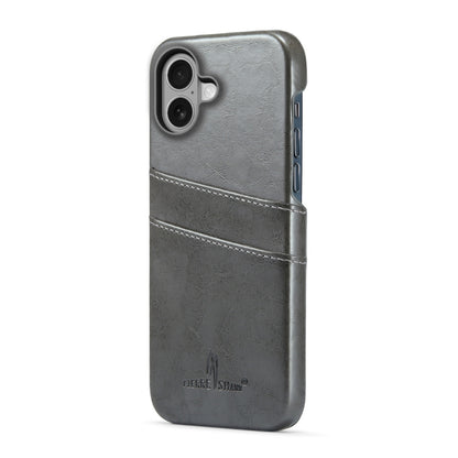 For iPhone 16 Fierre Shann Retro Oil Wax Texture Card Slots PU Leather Phone Case(Grey) by FIERRE SHANN