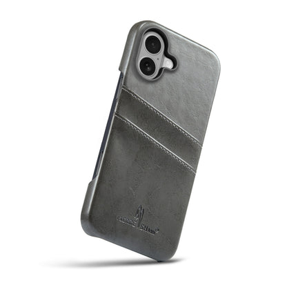 For iPhone 16 Fierre Shann Retro Oil Wax Texture Card Slots PU Leather Phone Case(Grey) by FIERRE SHANN