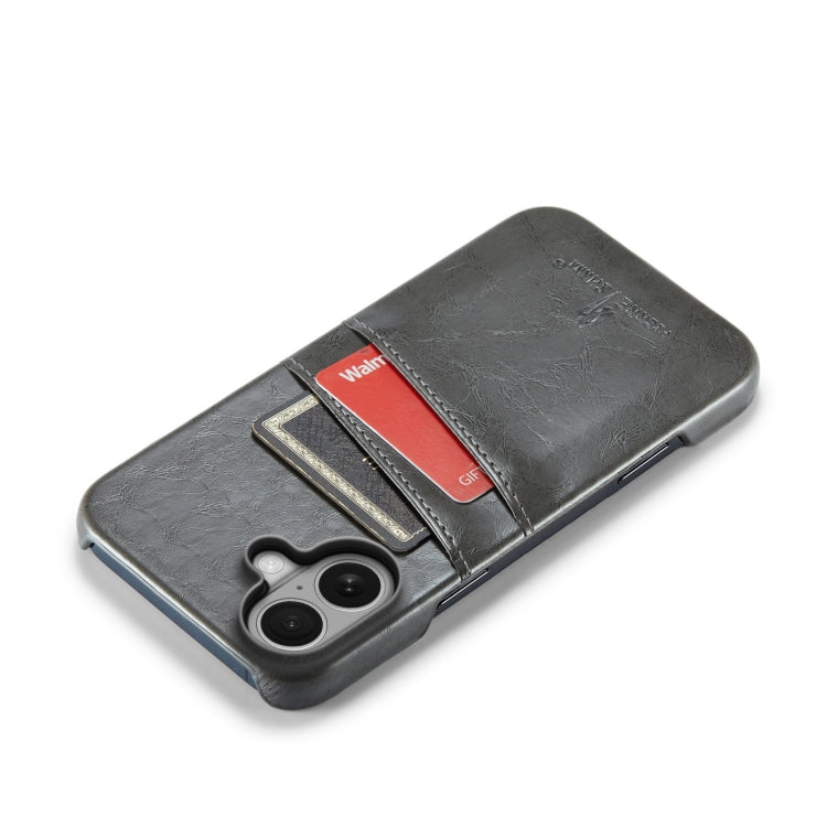 For iPhone 16 Fierre Shann Retro Oil Wax Texture Card Slots PU Leather Phone Case(Grey) by FIERRE SHANN