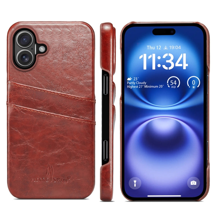 For iPhone 16 Fierre Shann Retro Oil Wax Texture Card Slots PU Leather Phone Case(Brown) by FIERRE SHANN