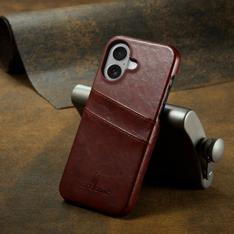 For iPhone 16 Fierre Shann Retro Oil Wax Texture Card Slots PU Leather Phone Case(Brown) by FIERRE SHANN