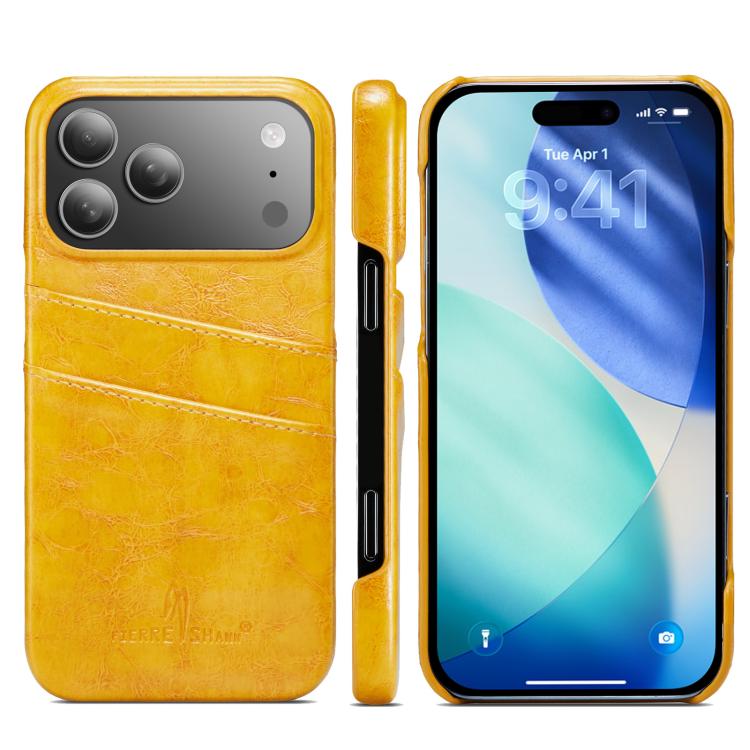 For iPhone 17 Pro Max Fierre Shann Retro Oil Wax Texture Card Slots PU Leather Phone Case(Yellow) by FIERRE SHANN