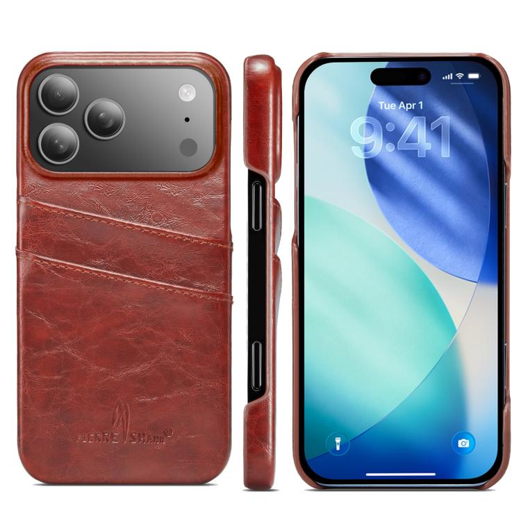 For iPhone 17 Pro Max Fierre Shann Retro Oil Wax Texture Card Slots PU Leather Phone Case(Brown) by FIERRE SHANN