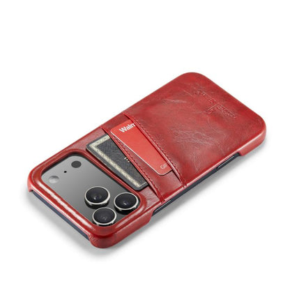 For iPhone 17 Pro Fierre Shann Retro Oil Wax Texture Card Slots PU Leather Phone Case(Red) by FIERRE SHANN