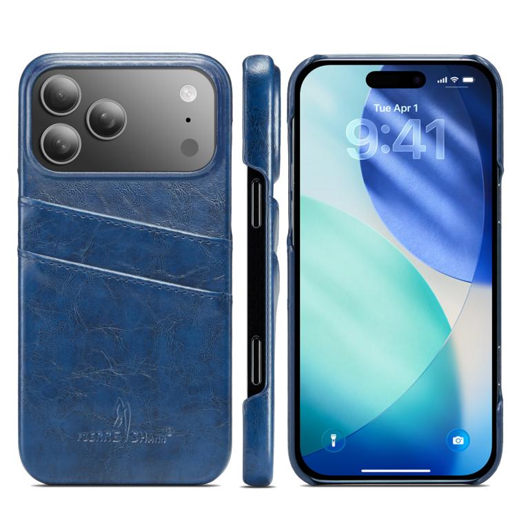 For iPhone 17 Pro Fierre Shann Retro Oil Wax Texture Card Slots PU Leather Phone Case(Blue) by FIERRE SHANN