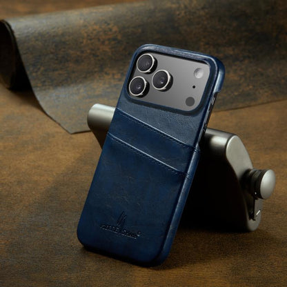 For iPhone 17 Pro Fierre Shann Retro Oil Wax Texture Card Slots PU Leather Phone Case(Blue) by FIERRE SHANN