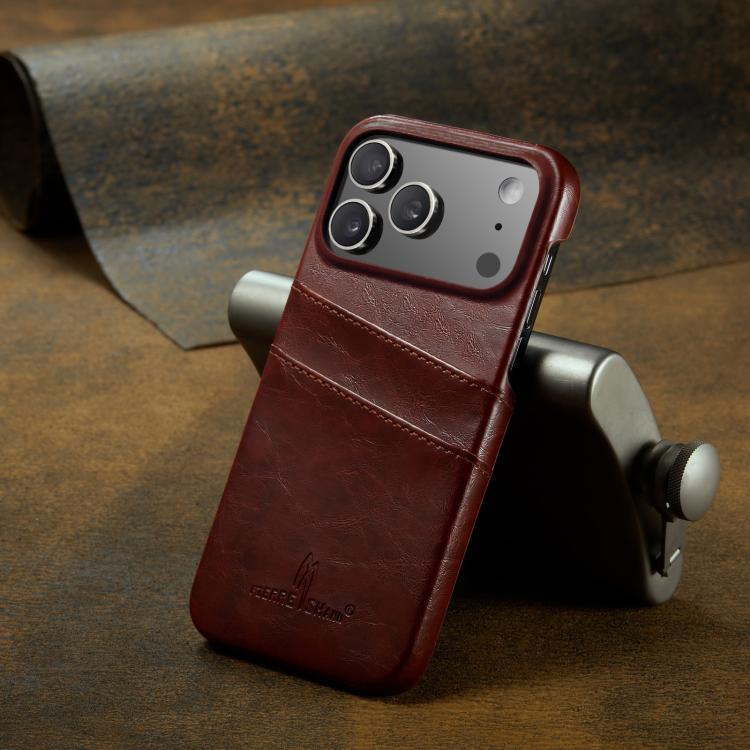 For iPhone 17 Pro Fierre Shann Retro Oil Wax Texture Card Slots PU Leather Phone Case(Brown) by FIERRE SHANN