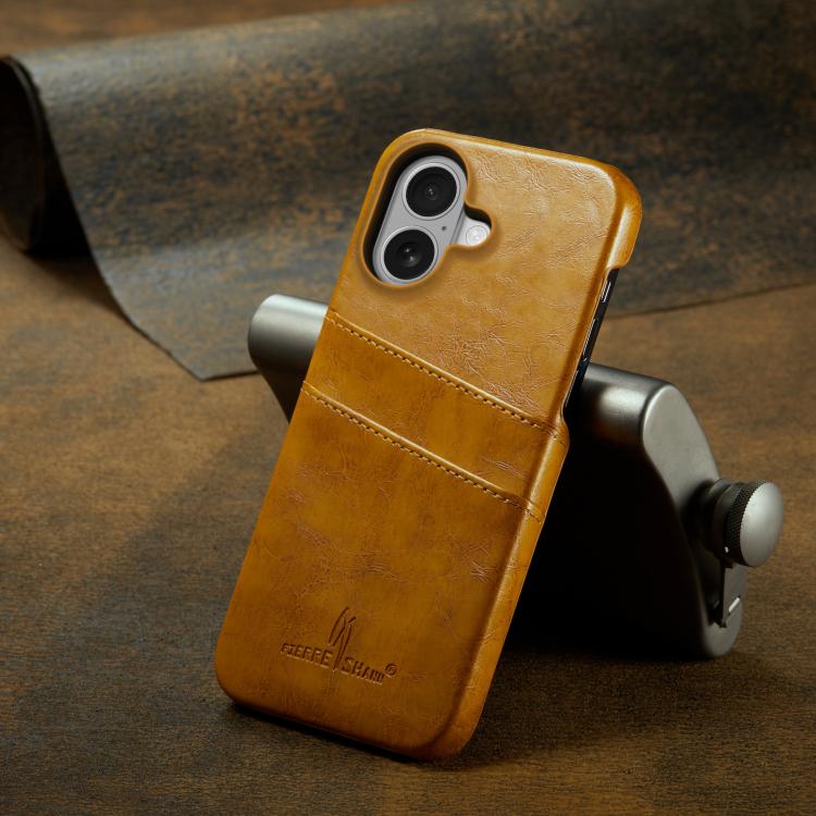 For iPhone 17 Fierre Shann Retro Oil Wax Texture Card Slots PU Leather Phone Case(Yellow) by FIERRE SHANN