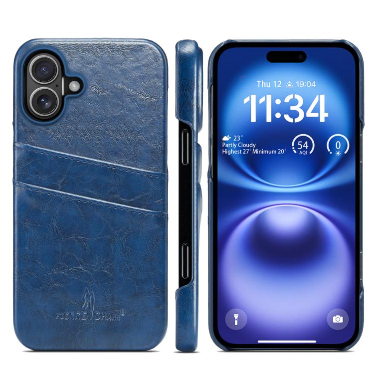 For iPhone 17 Fierre Shann Retro Oil Wax Texture Card Slots PU Leather Phone Case(Blue) by FIERRE SHANN