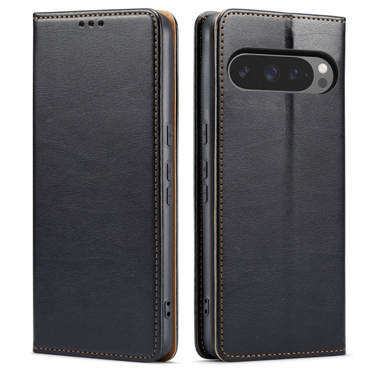 For Google Pixel 9 / 9 Pro Fierre Shann PU Genuine Leather Texture Phone Case(Black) by FIERRE SHANN