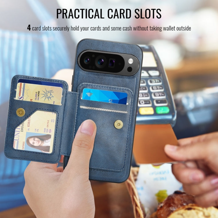 For Google Pixel 9 Pro XL Fierre Shann Cowhide Horizontal Flip Magnetic Card Holder Phone Case(Blue) by FIERRE SHANN