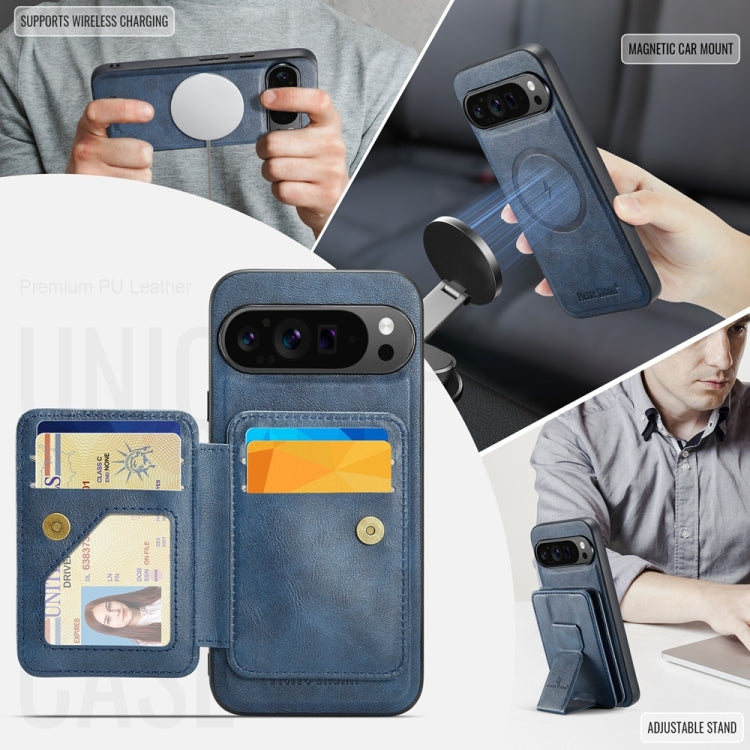 For Google Pixel 9 Pro XL Fierre Shann Cowhide Horizontal Flip Magnetic Card Holder Phone Case(Blue) by FIERRE SHANN