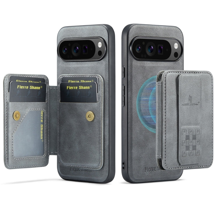 For Google Pixel 9 Pro XL Fierre Shann Cowhide Horizontal Flip Magnetic Card Holder Phone Case(Grey) by FIERRE SHANN