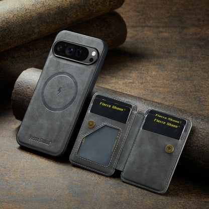 For Google Pixel 9 Pro XL Fierre Shann Cowhide Horizontal Flip Magnetic Card Holder Phone Case(Grey) by FIERRE SHANN