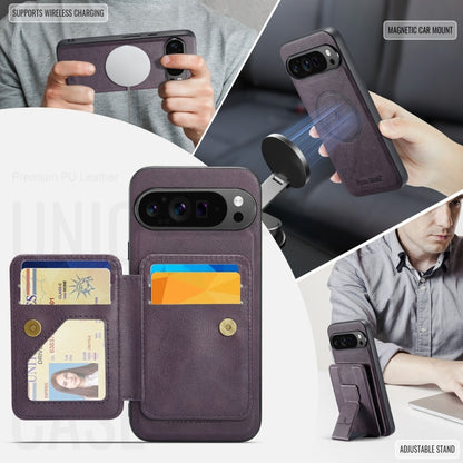 For Google Pixel 9 Pro XL Fierre Shann Cowhide Horizontal Flip Magnetic Card Holder Phone Case(Purple) by FIERRE SHANN