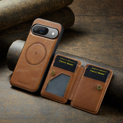 For Google Pixel 9 / 9 Pro Fierre Shann Cowhide Horizontal Flip Magnetic Card Holder Phone Case(Brown) by FIERRE SHANN