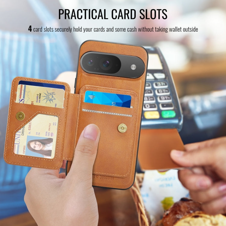 For Google Pixel 9 / 9 Pro Fierre Shann Cowhide Horizontal Flip Magnetic Card Holder Phone Case(Brown) by FIERRE SHANN