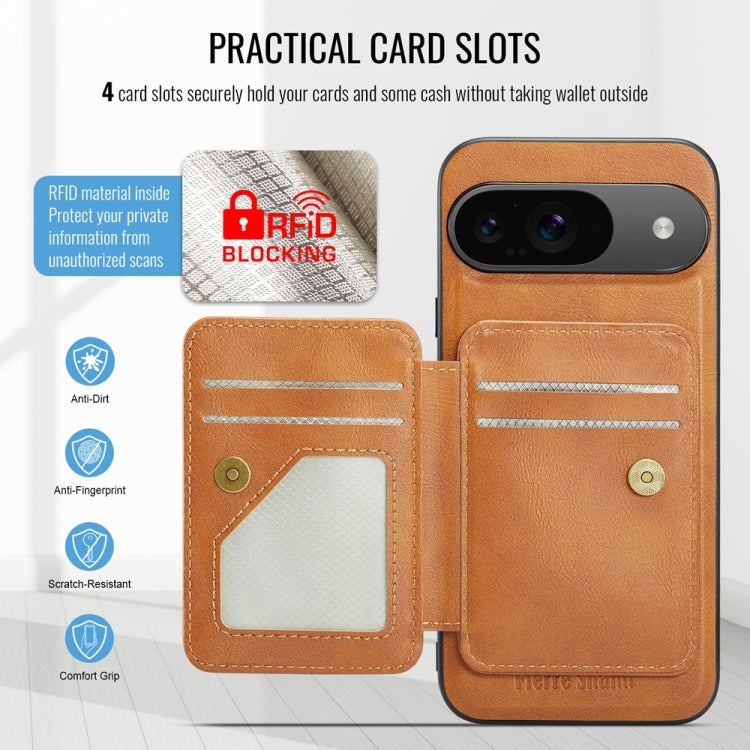 For Google Pixel 9 / 9 Pro Fierre Shann Cowhide Horizontal Flip Magnetic Card Holder Phone Case(Brown) by FIERRE SHANN