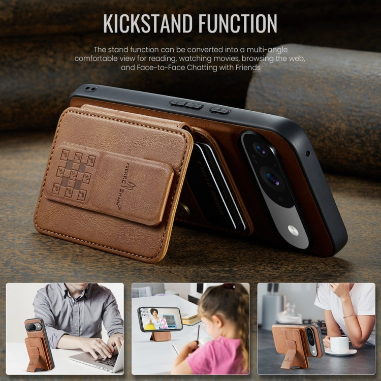 For Google Pixel 9 / 9 Pro Fierre Shann Cowhide Horizontal Flip Magnetic Card Holder Phone Case(Brown) by FIERRE SHANN