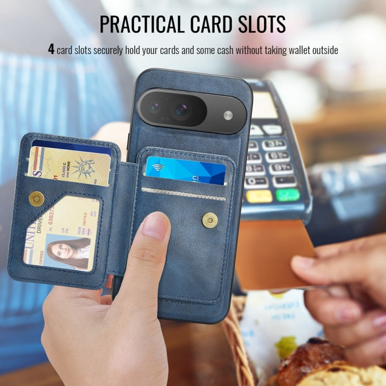 For Google Pixel 9 / 9 Pro Fierre Shann Cowhide Horizontal Flip Magnetic Card Holder Phone Case(Blue) by FIERRE SHANN