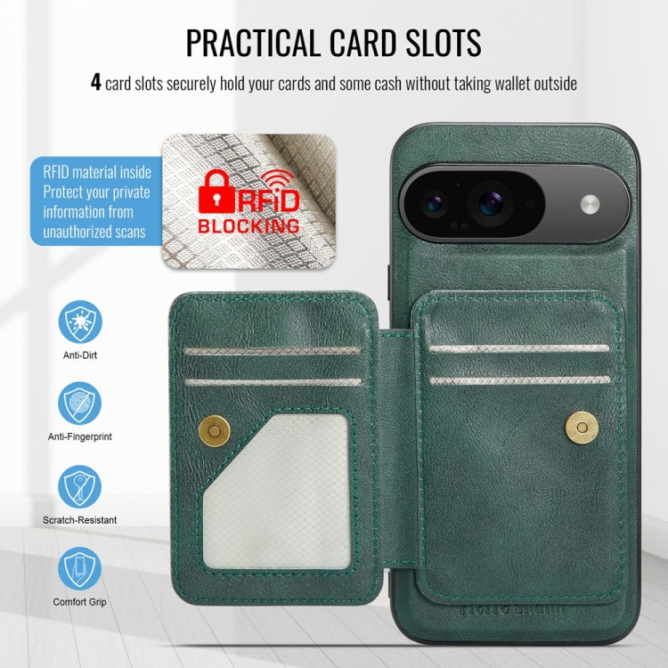 For Google Pixel 9 / 9 Pro Fierre Shann Cowhide Horizontal Flip Magnetic Card Holder Phone Case(Green) by FIERRE SHANN