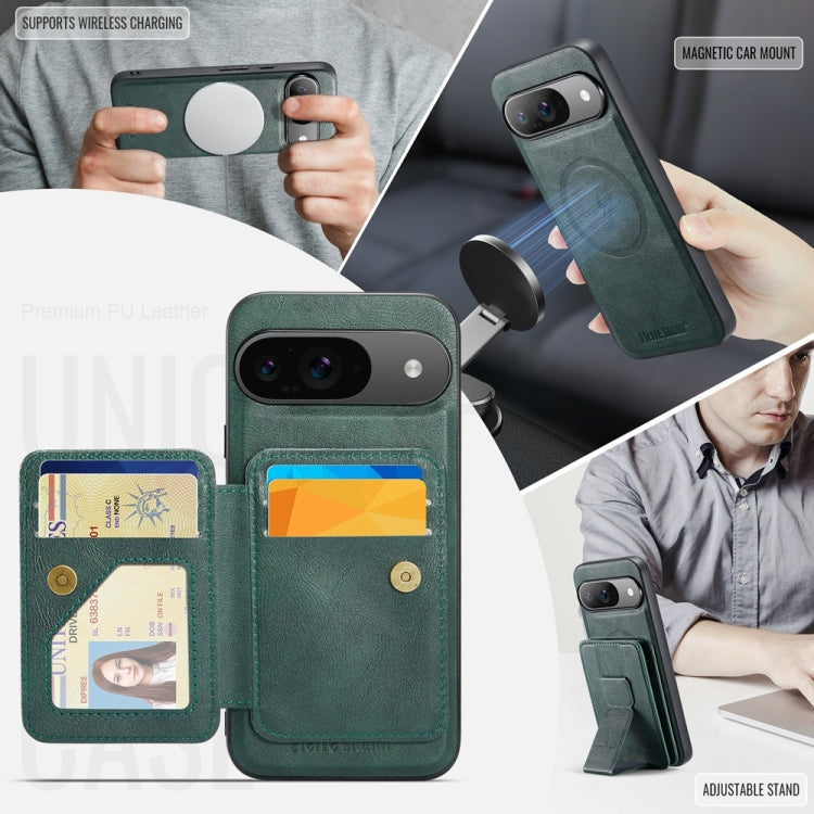 For Google Pixel 9 / 9 Pro Fierre Shann Cowhide Horizontal Flip Magnetic Card Holder Phone Case(Green) by FIERRE SHANN