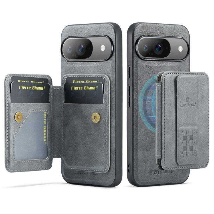 For Google Pixel 9 / 9 Pro Fierre Shann Cowhide Horizontal Flip Magnetic Card Holder Phone Case(Grey) by FIERRE SHANN