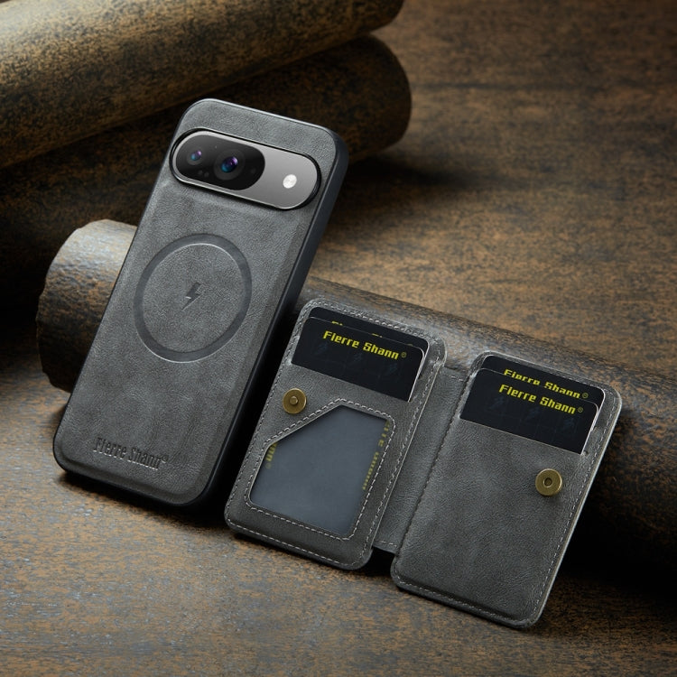 For Google Pixel 9 / 9 Pro Fierre Shann Cowhide Horizontal Flip Magnetic Card Holder Phone Case(Grey) by FIERRE SHANN