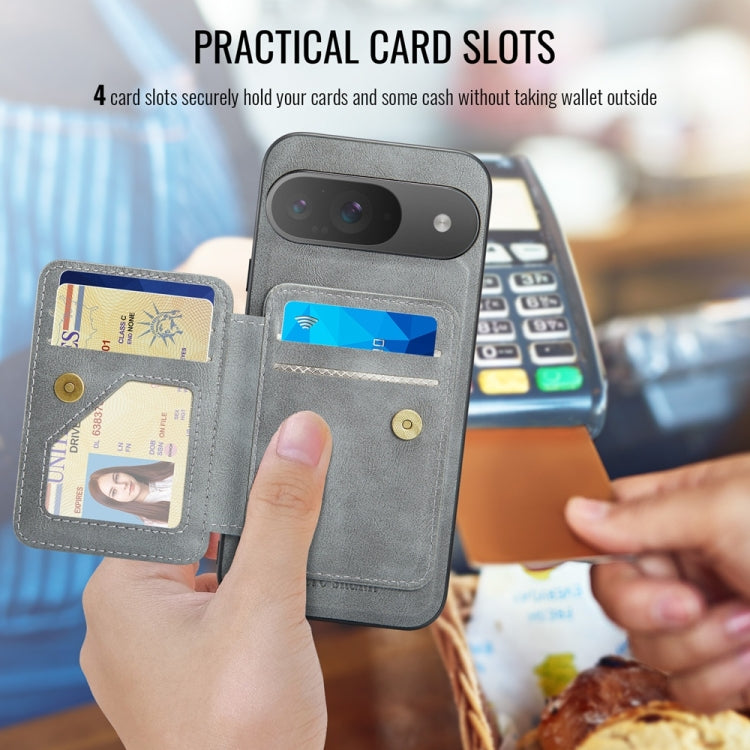 For Google Pixel 9 / 9 Pro Fierre Shann Cowhide Horizontal Flip Magnetic Card Holder Phone Case(Grey) by FIERRE SHANN