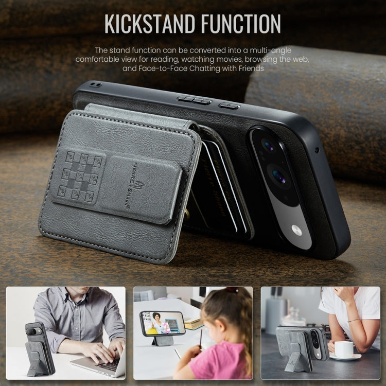 For Google Pixel 9 / 9 Pro Fierre Shann Cowhide Horizontal Flip Magnetic Card Holder Phone Case(Grey) by FIERRE SHANN