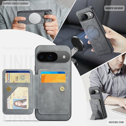 For Google Pixel 9 / 9 Pro Fierre Shann Cowhide Horizontal Flip Magnetic Card Holder Phone Case(Grey) by FIERRE SHANN