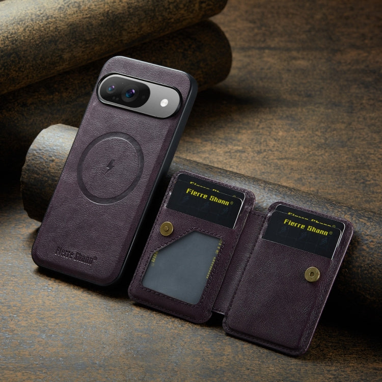 For Google Pixel 9 / 9 Pro Fierre Shann Cowhide Horizontal Flip Magnetic Card Holder Phone Case(Purple) by FIERRE SHANN