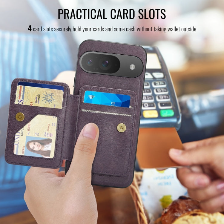 For Google Pixel 9 / 9 Pro Fierre Shann Cowhide Horizontal Flip Magnetic Card Holder Phone Case(Purple) by FIERRE SHANN