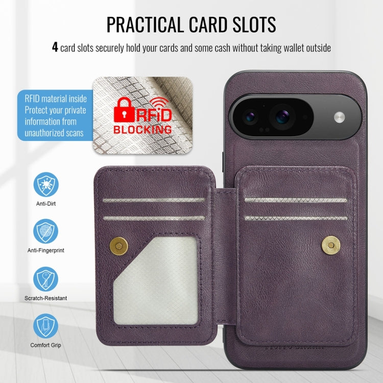 For Google Pixel 9 / 9 Pro Fierre Shann Cowhide Horizontal Flip Magnetic Card Holder Phone Case(Purple) by FIERRE SHANN