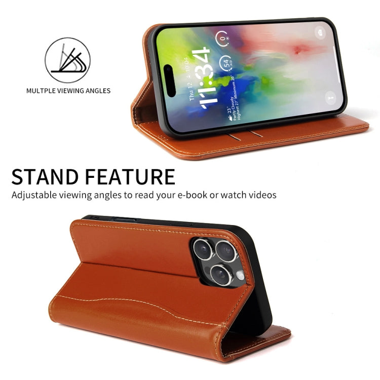 For iPhone 16 Pro Max Fierre Shann Cowhide Leather Flip Leather Phone Case(Brown) by FIERRE SHANN