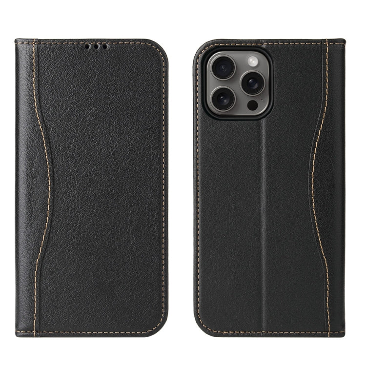 For iPhone 16 Pro Fierre Shann Cowhide Leather Flip Leather Phone Case(Black) by FIERRE SHANN