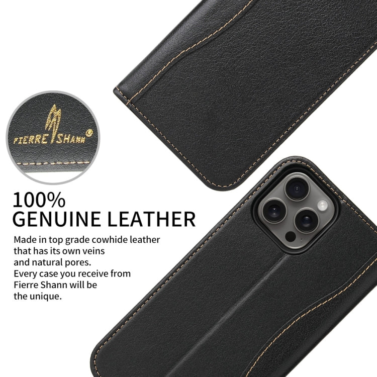 For iPhone 16 Pro Fierre Shann Cowhide Leather Flip Leather Phone Case(Black) by FIERRE SHANN